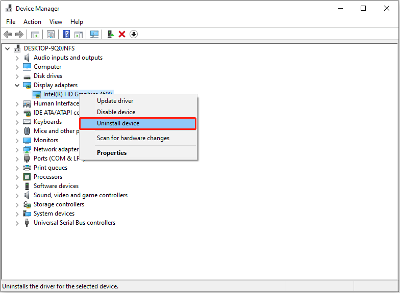 uninstall the graphics card in Device Manager