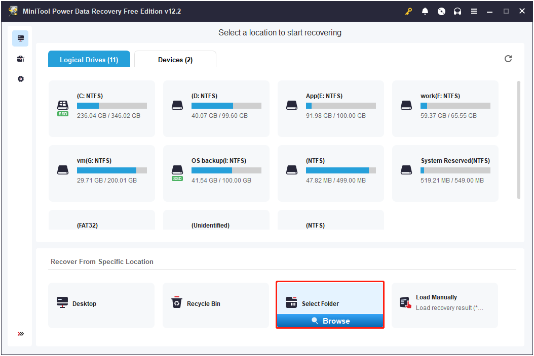 select a folder to scan in MiniTool Power Data Recovery