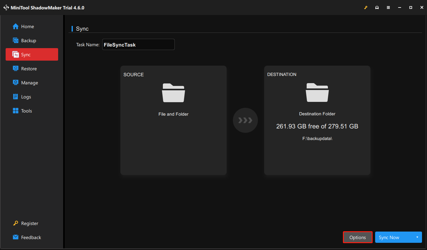 hit Options to modify File Sync Options and Schedule Settings