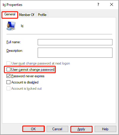 untick the User cannot change password option to allow users to change the password