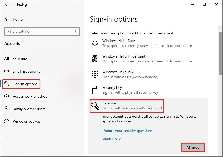 change the password in the Setting app