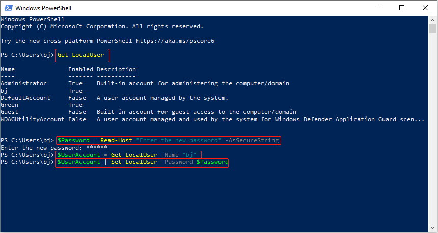 run commands to set the new password with PowerShell