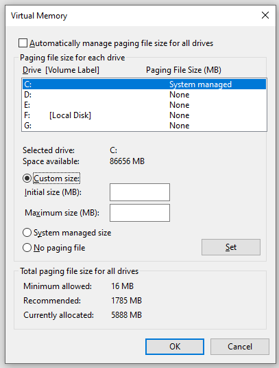 enter initial size and maximum size for virtual memory