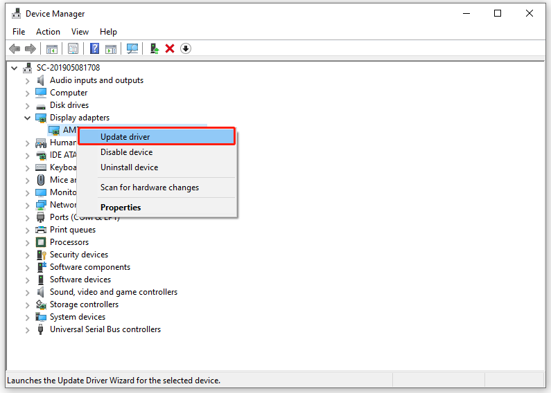 right-click on your display adapter to select Update driver