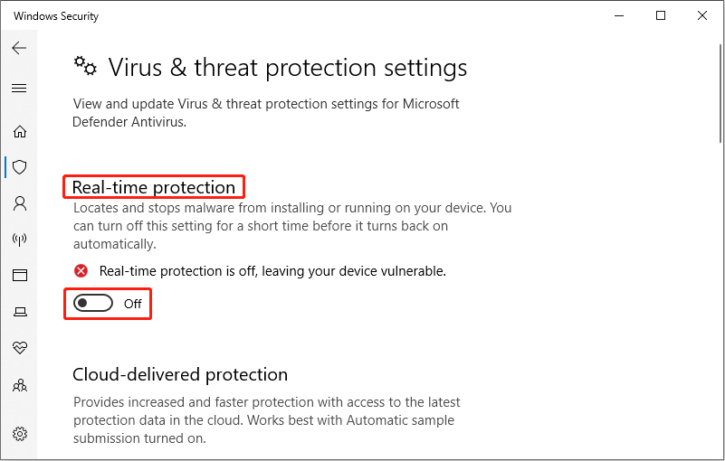 turn off the real-time protection in Settings