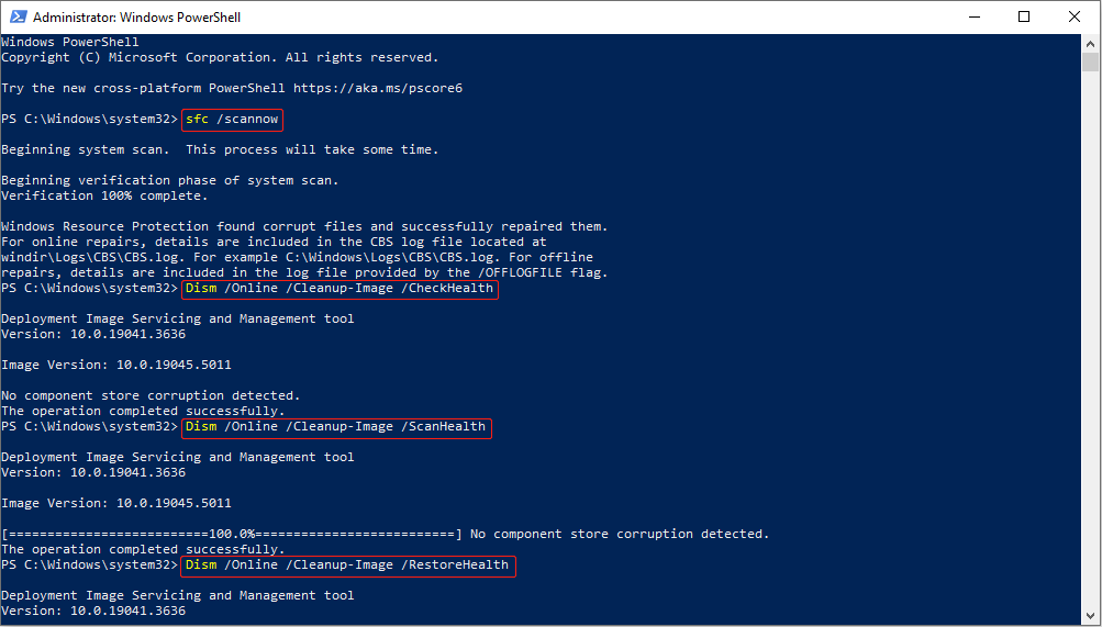 run SFC and DISM commands to check and repair system files with PowerShell