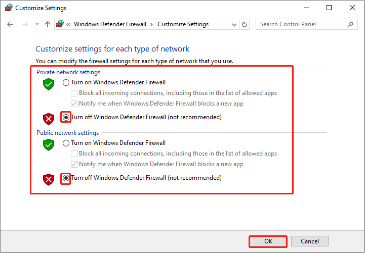 turn off the Firewall in Control Panel