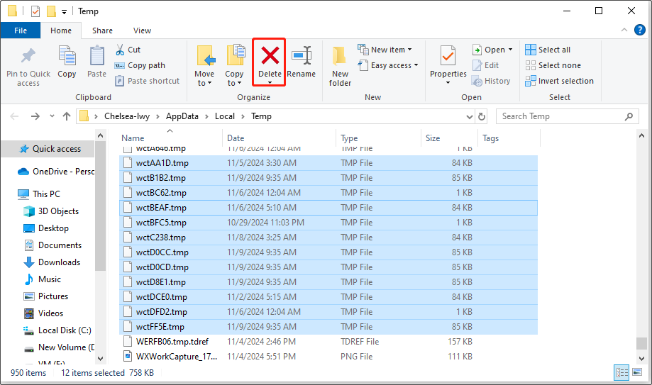 clear all temp files in File Explorer