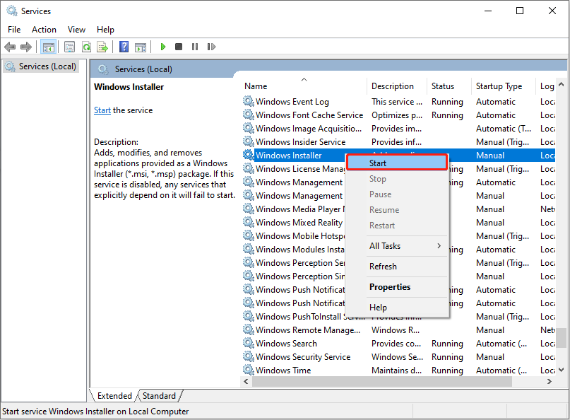 start the Windows Installer service with Services