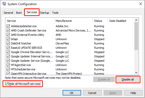 disable all non-Microsoft services in System Configuration