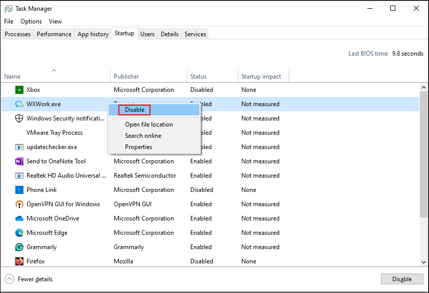 disable all non-Microsoft startup processes in Task Manager