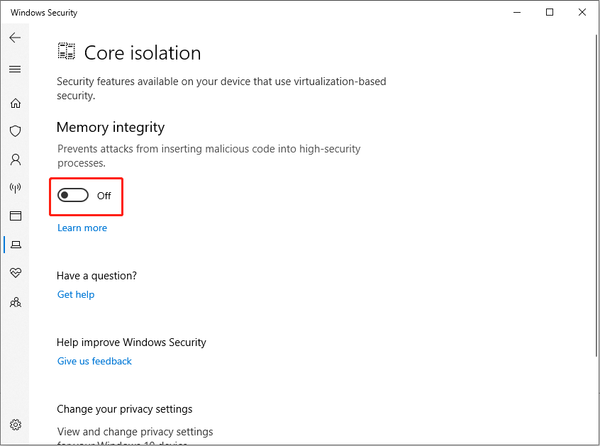 disable memory integrity in Windows Settings