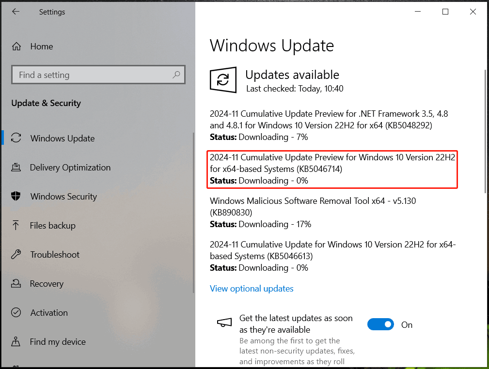 install Windows 10 KB5046714 in Windows Update