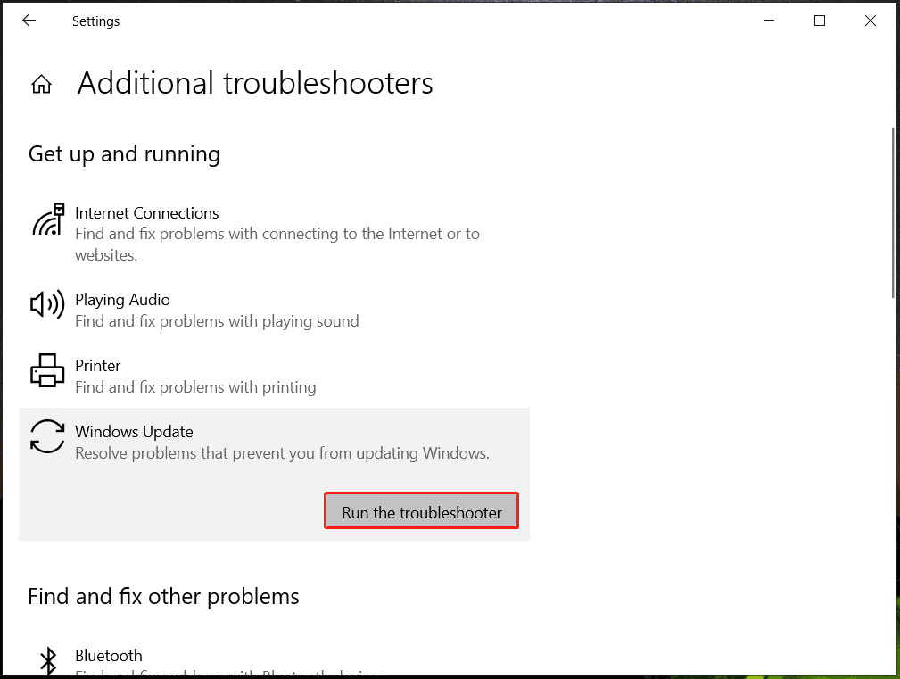 run Windows Update troubleshooter in Windows 10