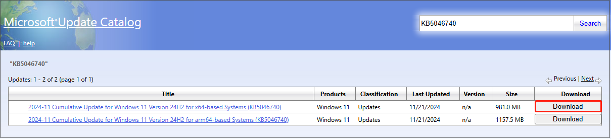 download the KB5046740 package file