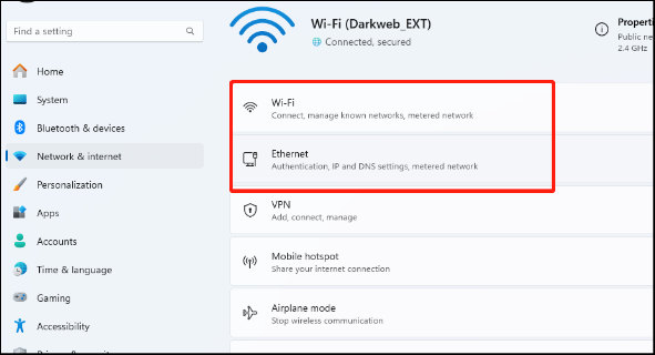 select Ethernet or Wi-Fi