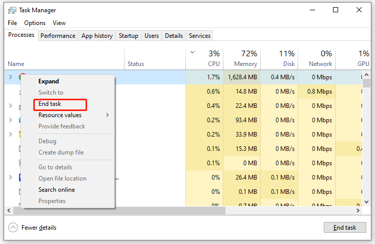 right-click on the malicious program and select End task