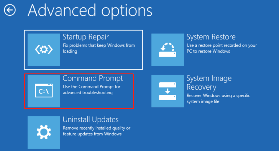 click Command Prompt under Advanced options in WinRE