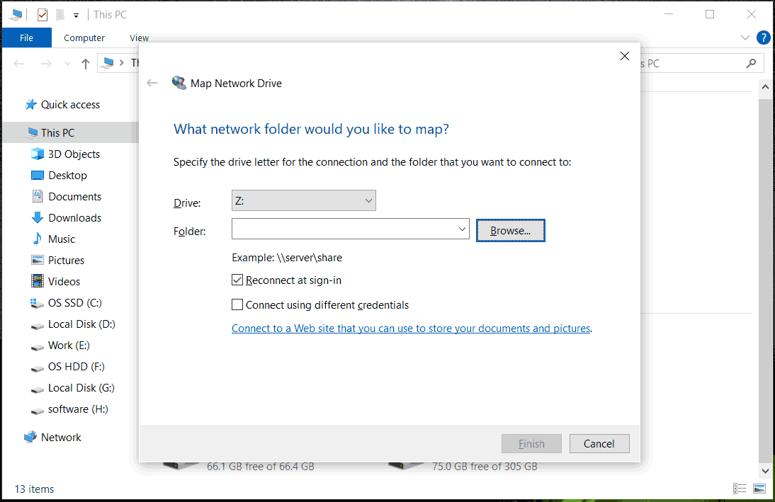 map network drive to access shared folder Windows 10