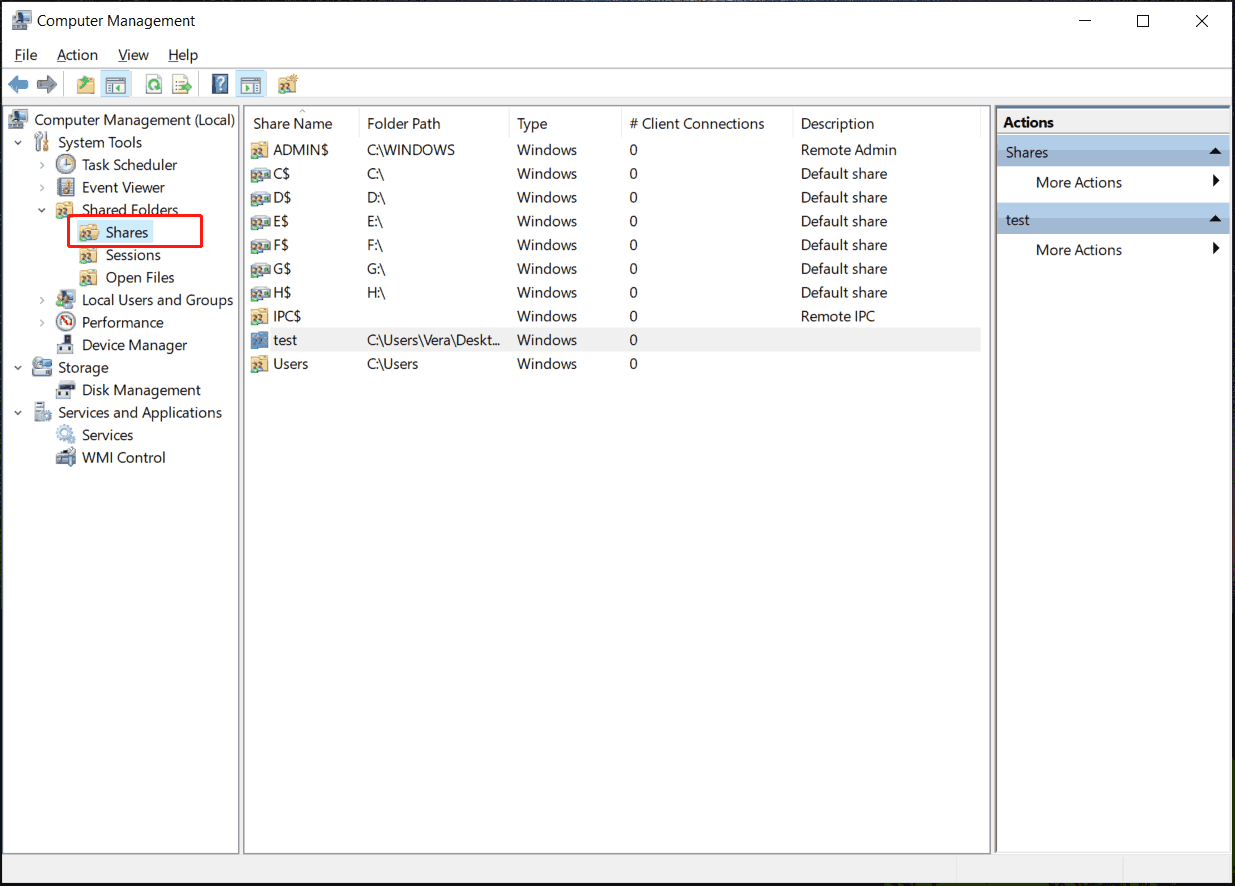 view shared folders in Computer Management