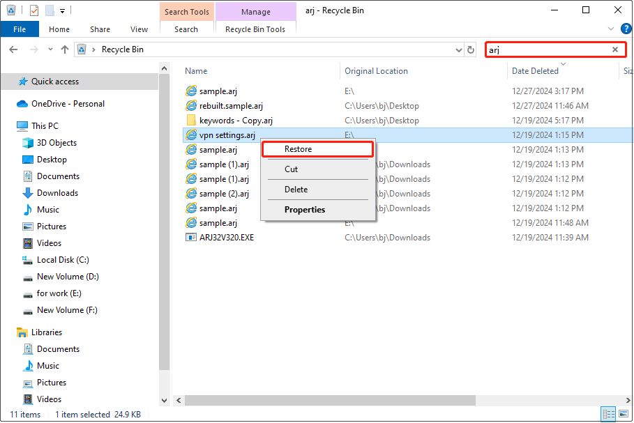 restore deleted ARJ file from the Recycle Bin