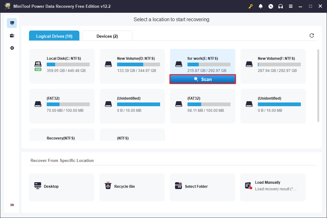 scan the drive where deleted ARJ files are stored using MiniTool Power Data Recovery