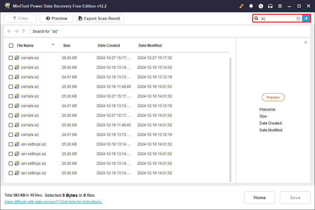 use the Search feature to find the needed ARJ files in MiniTool Power Data Recovery