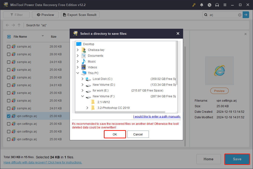 save the needed ARJ file to a new place in MiniTool Power Data Recovery