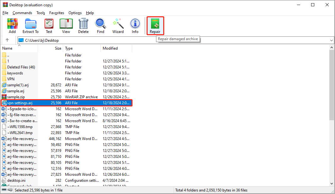 select the corrupted ARJ files to repair in WinRAR