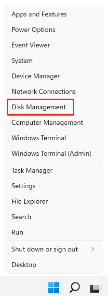 Seleccione Administración de discos en el menú contextual de Windows 11