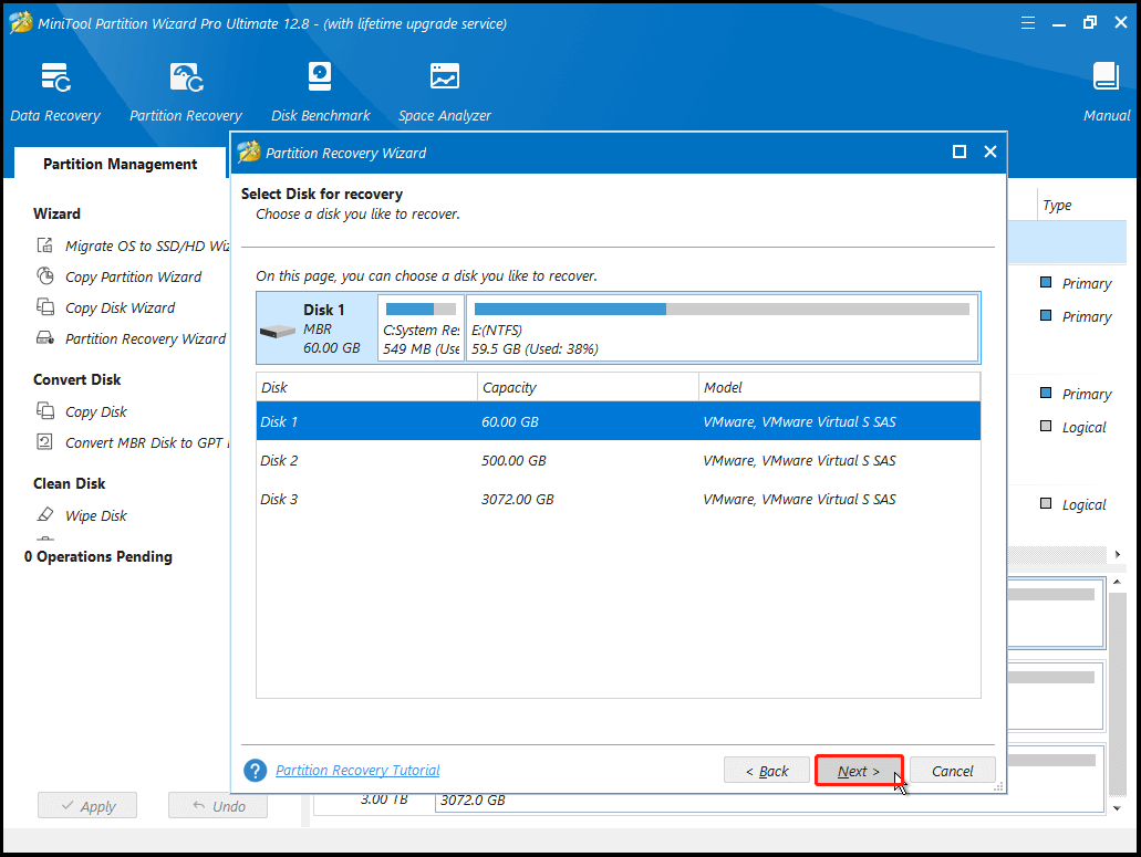 sélectionnez le disque à récupérer et cliquez sur Suivant