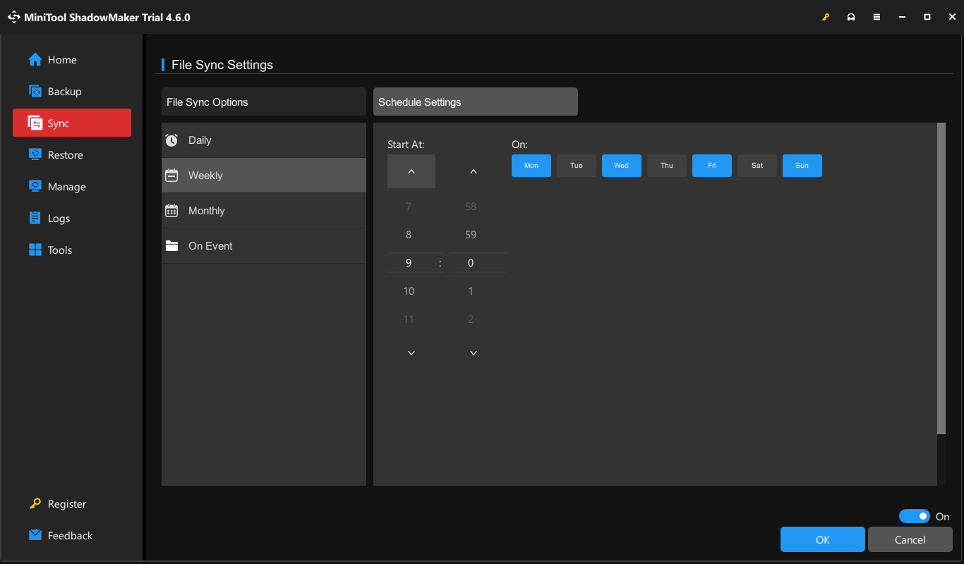 select a time point of a day, week, or month in MiniTool ShadowMaker