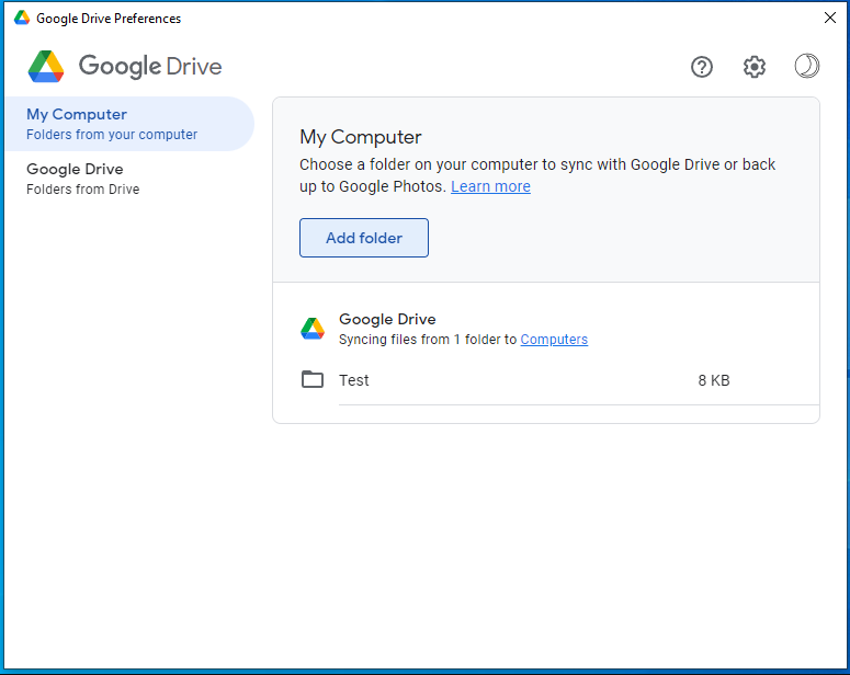 hit Add folder to choose a folder on your computer to sync with Google Drive