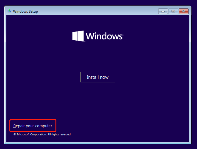 click Repair your computer in the Windows Setup window