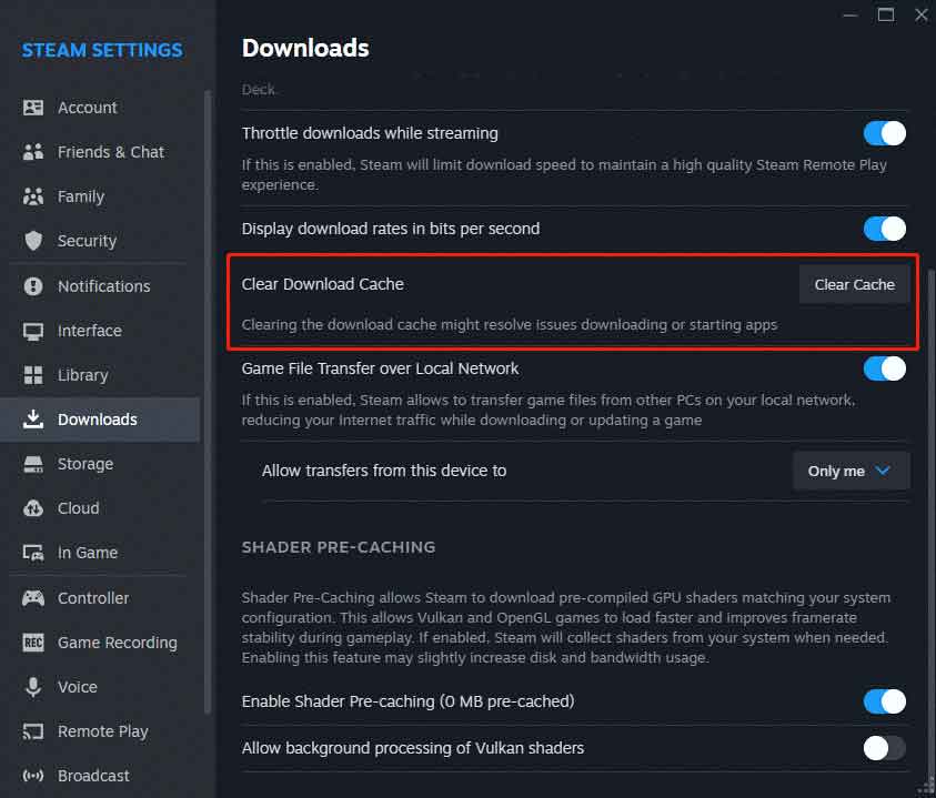 hit Clear Cache to remove Steam download cache