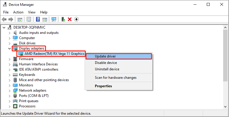 update graphics card driver in Device Manager