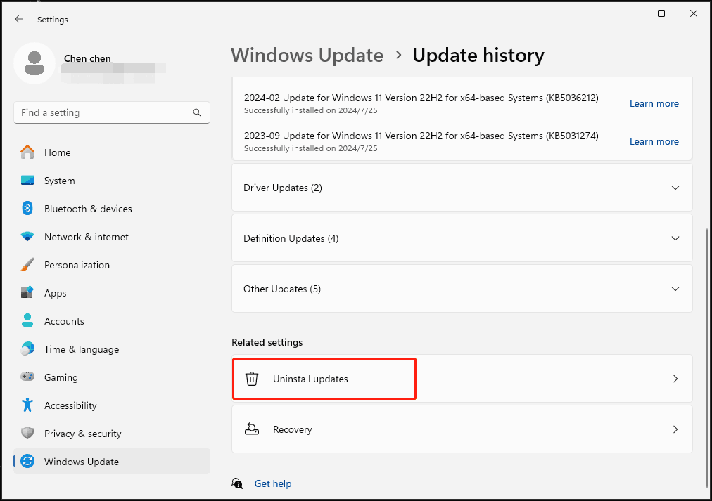 uninstall recent Windows update in Windows 11 Settings