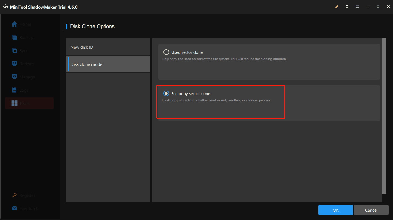 MiniTool ShadowMaker sector by sector cloning