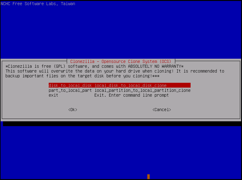 Clonezilla disk to local disk clone interface