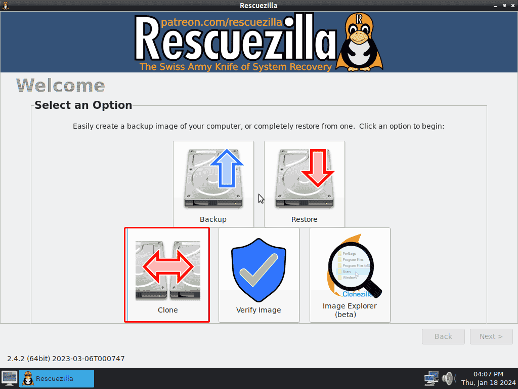 Rescuezilla main interface backup restore clone