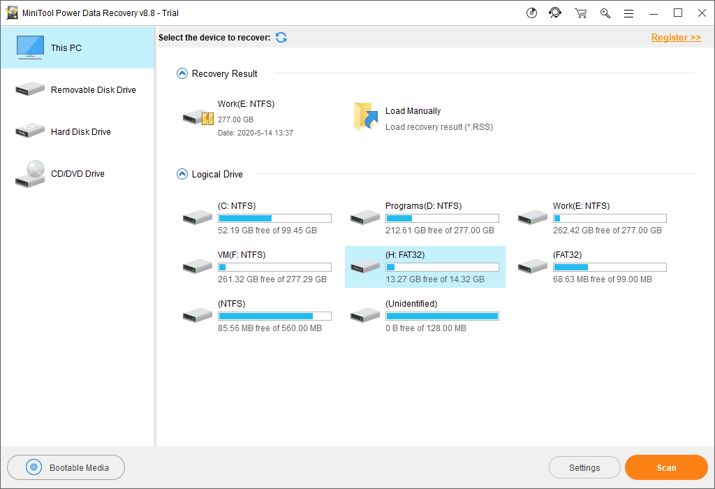 sélectionnez la carte SD cible à analyser