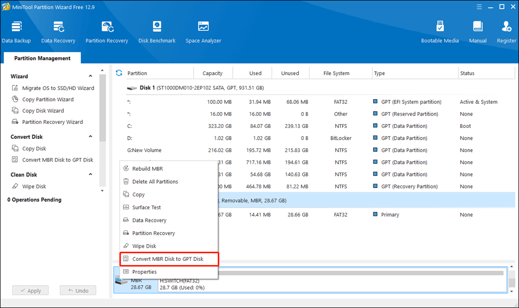 select Convert MBR Disk to GPT Disk