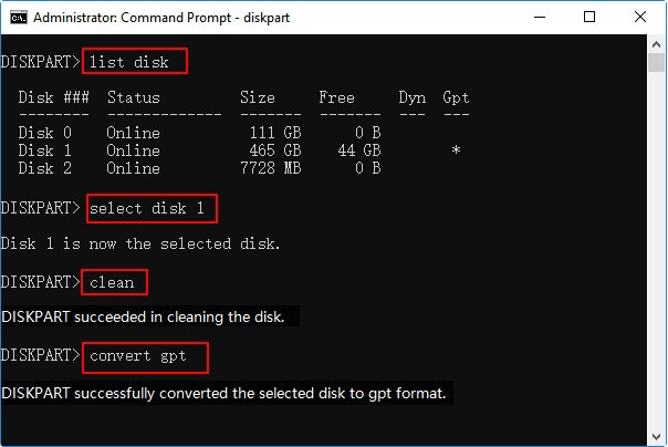 run the commands to convert MBR to GPT