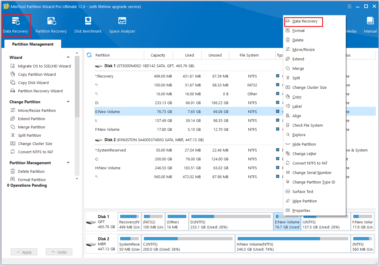 click Data Recovery feature in MiniTool Partition Wizard