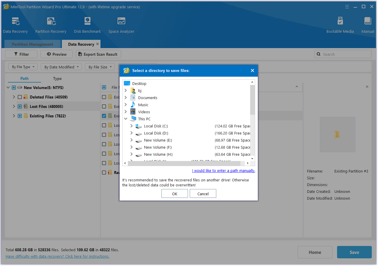 save files to another drive in MiniTool Partition Wizard