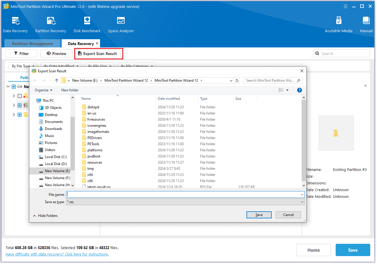 click Export Scan Result in MiniTool Partition Wizard