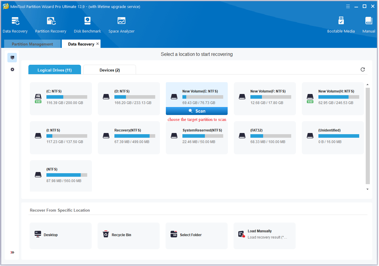 choose the target partition to scan in MiniTool Partition Wizard