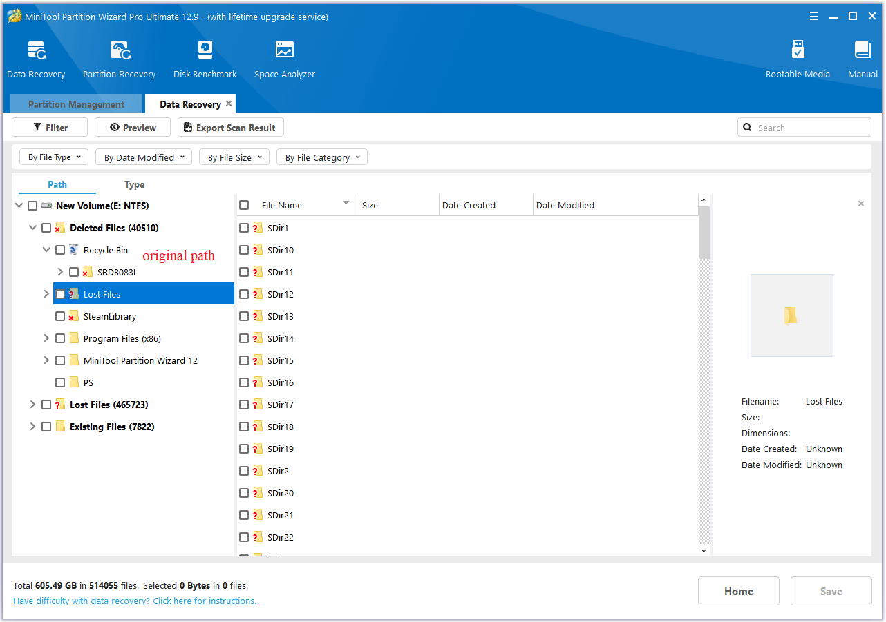 the original path in MiniTool Partition Wizard