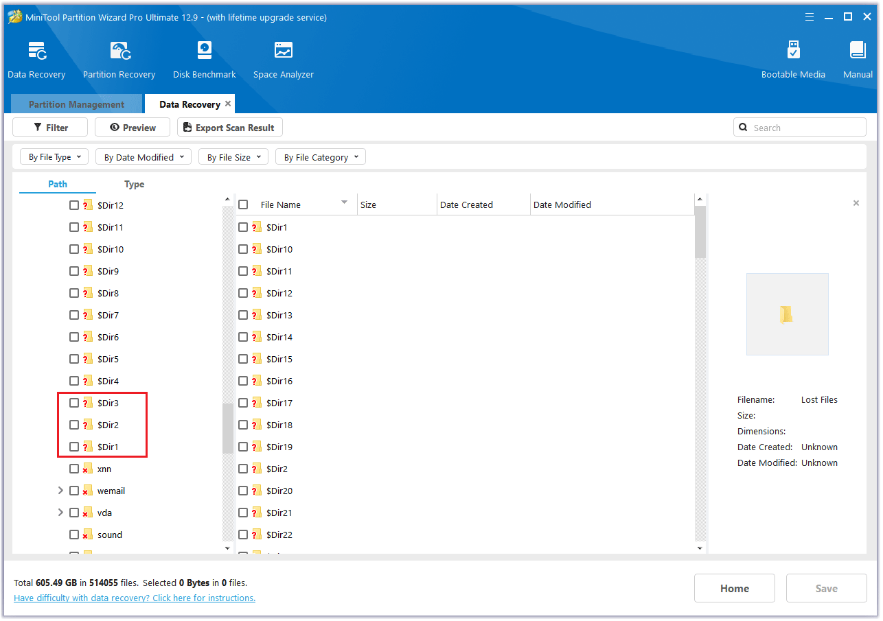 find $Dir Folders in MiniTool Partition Wizard