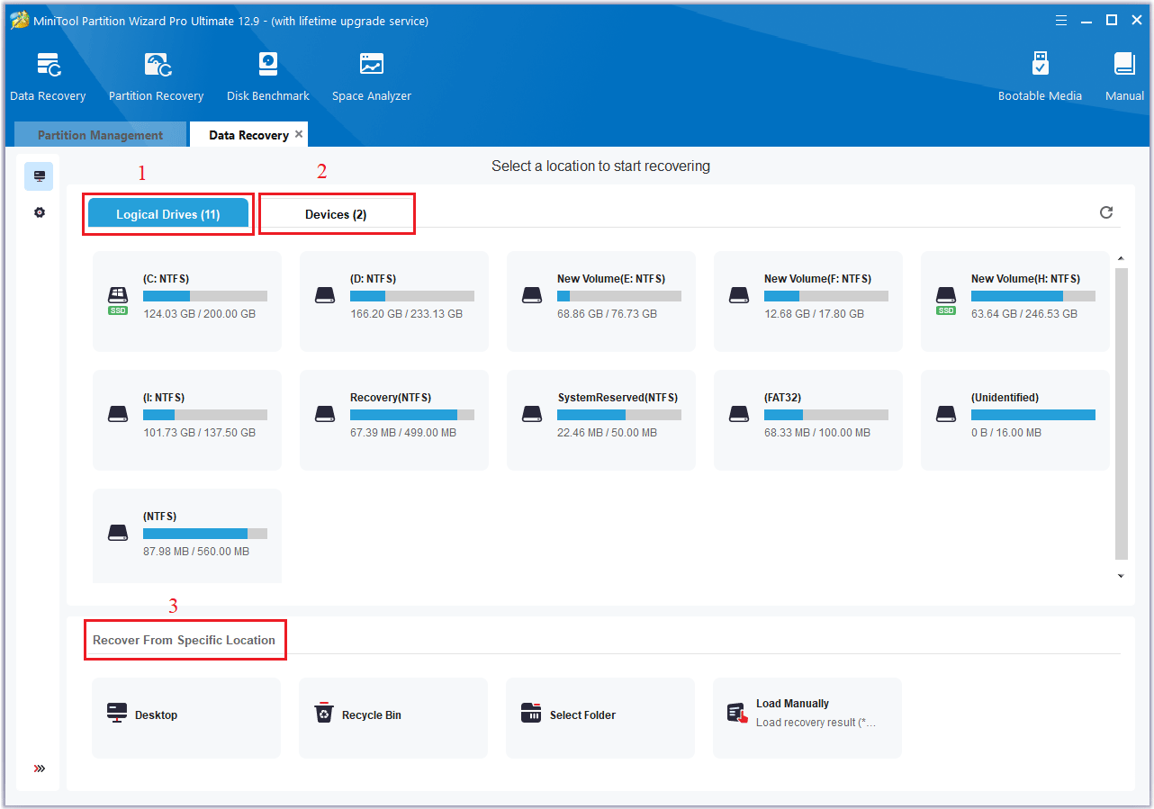 the main interface of Data Recovery in MiniTool Partition Wizard